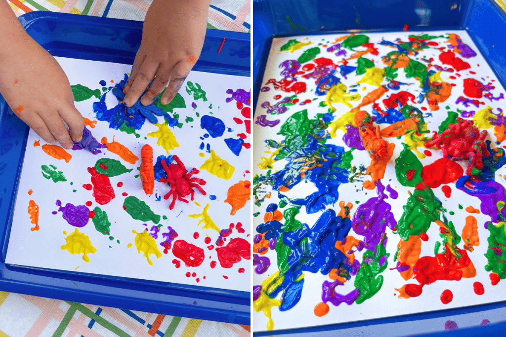 Two photos: (1) a child is painting with bugs and presses plastic bug toys that has been dipped in paint onto a white paper, (2) a close up of a paper covered in colorful paint and two plastic insect toys sitting on top.