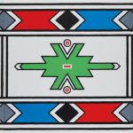A horizontal Ndebele painting in three sections.