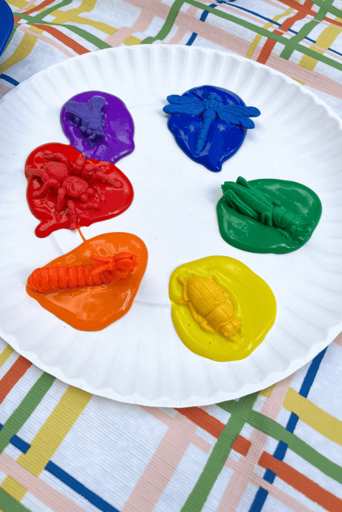 Six puddles of paint (red, orange, yellow, green, blue, and purple) sit on a white paper plate. In each colorful puddle of paint is a plastic bug toy of the same color for painting with bugs.